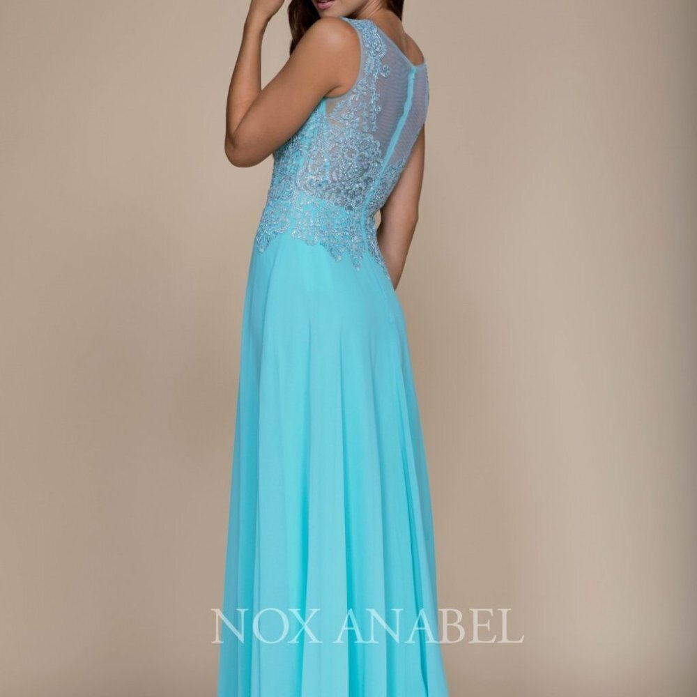 NEW AQUA COLOR  Illusion Scoop Neck A-Line Prom Dress NXY100 - Picture 2 of 5